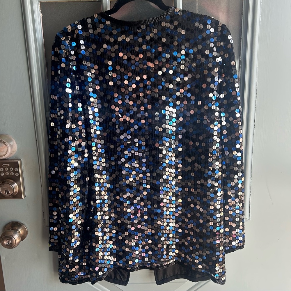 Vintage Sequin Beaded 100% Silk Oversized Jacket Oleg Cassini Silver & Blue L - Picture 3 of 12